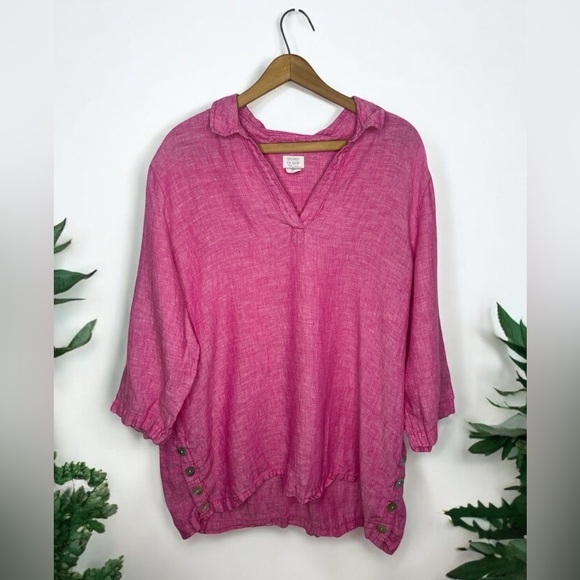 SIGRID OLSEN 100% Linen Pink Valentines Day Shell Button Popover V Neck Blouse - Picture 1 of 12